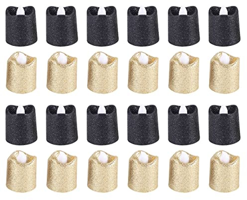 Elydiva 24 Paquets de Bougies Votives sans Flamme DoréEs à Paillettes Noires LED Bougies Chauffe-Plat à Piles Support de LumièRe Jaune Chaud