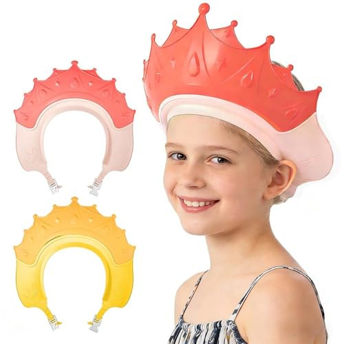2 Pack Baby Shower Cap, Adjustable Hair Washing Shampoo Shield for Babies | Cute Crown Shape Shampoo Hat for Kids, Eye and Ear Protection for 0-9 Years Old Children (Pink & Yellow)
