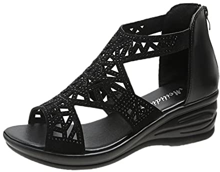 Uwdiohq Sandalias De Mujer, Decoración Imitación A La, Novedad Verano, Romanas Versátiles Huecas, Zapatos Informales Con Cremallera Sandalia Esparto (Black, 39) Plataforma Rehabilitación Mujer