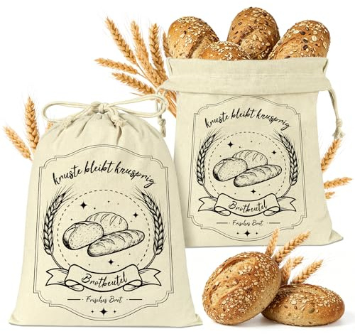 Coicok Leinen Brotbeutel 2er Set – 30x40cm, Brötchenbeutel mit Kordelzug zur Brotaufbewahrung & Frischhalten, Idealer Brottüten Brot Aufbewahrung – Wiederverwendbarer und Waschbare für Brot & Gebäck