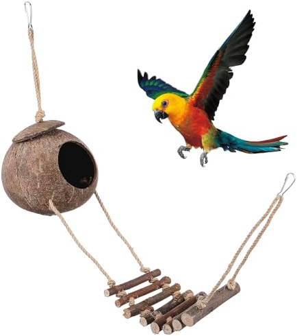 TOYANDONA Coconut Shell Reptile Hide with Wooden Climbing Ladder – Hanging Nest & Bridge Set for Crested Geckos, Leopard Geckos, Hamsters, And Small Birds