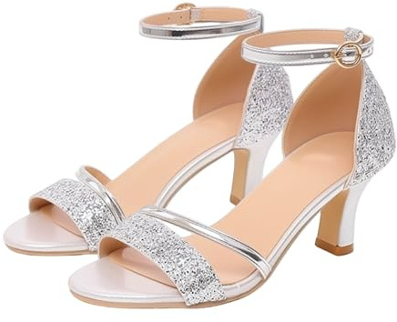 Dam lågblockklack sandaler glitter band öppen tå ankel rem spänne uppklädd kväll fest bröllop gästskor, SILVER, 37.5 EU