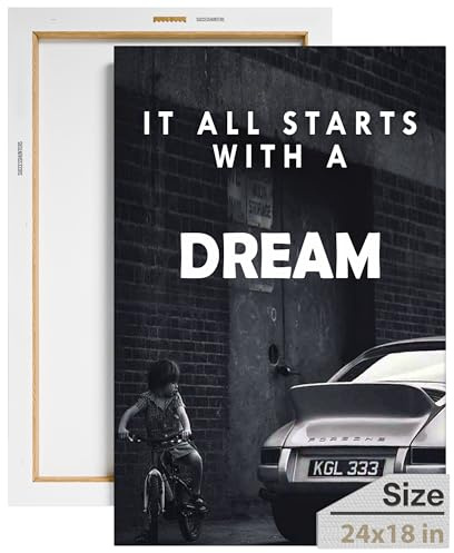 SuccessHuntersPrints It All Starts with A Dream Motivational Wall Art Canvas Print, Office Decor, Inspiring Framed Prints, Inspirational Porsche 911 Wall Art Decoration Quotes (24 x 18)
