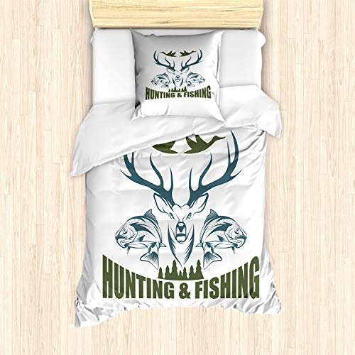 ABAKUHAUS Caza Ensemble de Housse de Couette, Emblema, Decorativo Piezas con Funda de Almohada, 135 cm x 200 cm - 80 x 80 cm, Aceituna Verde Azul de la Pizarra