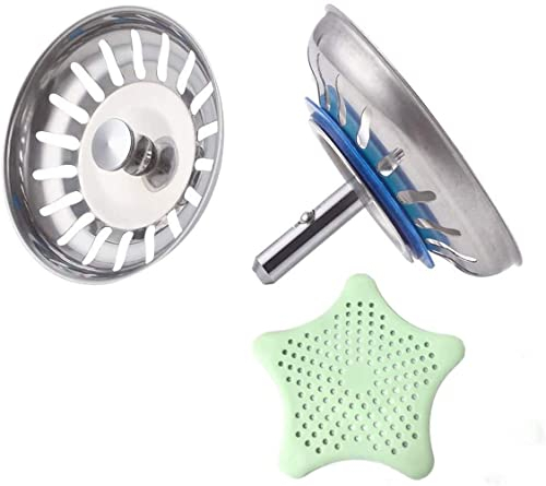 2 Pezzi Filtro Lavello Cucina, CompraFun 3,5 inch(Ø 80 mm) Doppio Addensato Acciaio Inox Filtro Lavello Scarico, Tappo Cestello per Lavabo Foro Colino, con 1 Pezzi Filtro di Silicone