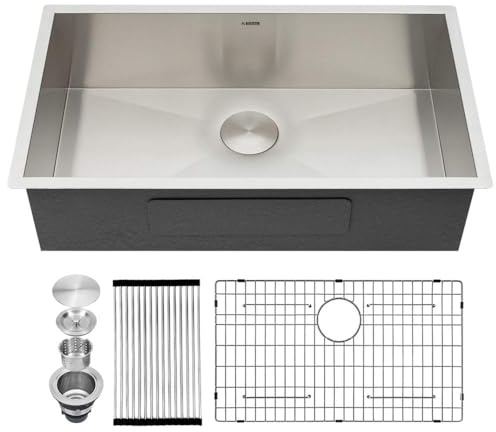 Kichae 33 Inch Undermount Kitchen Sink Single Bowl Stainless Steel Kitchen Sink 33 Under Counter 16 Gauge Round Corner Sinks Deep Basin 33x19x9 Inch