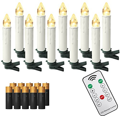 Aufun Candele natalizie a LED con telecomando 10 pezzi Candele senza fili con batterie Natale all'aperto per albero di Natale, decorazioni natalizie, per matrimoni, feste, vacanze, bianco caldo