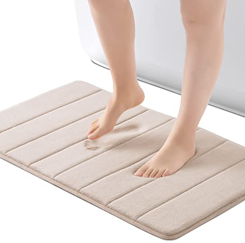 ROSMARUS Memory Foam Bath Mat 17” x 24”, Water Absorbent Shower Mat, Thick Bath Rugs for Bathroom Non Slip with PVC Backing, Ultra Soft Bathroom Rugs for Floor & Tub, Ltbrown