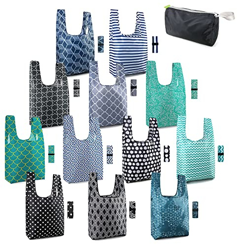 BeeGreen Reusable Foldable Shopping Totes with Handles,12 Pack Heavy Duty Polyester Fabric Geometry Grocery Bags, Large Fashion Reusable Bags for Travel & Groceries, Washable Cloth​ Bag Bulk