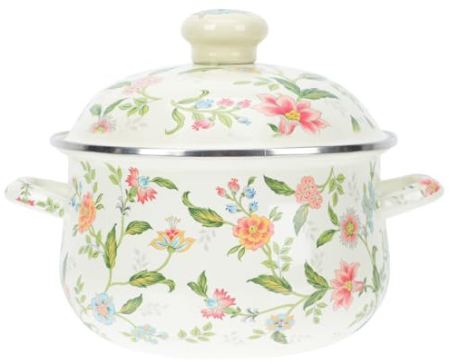 Yardwe Emaille Topf 10 Liter Medium Emailliertes Kochgeschirr Blumenemaillekochtopf Keramik Kochtopf mit Suppenschüssel Deckel Vintage Cup für Küche Restaurant nach Hause Dampfend Topf Keramik