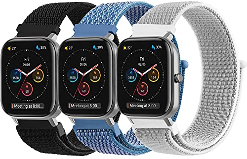 Wanme 3 Stück Armband für Amazfit GTS 2 Mini/GTS 2 / GTS 3 / GTS 4 /GTS 4 Mini, 20mm Nylon Klettverschluss Verstellbare Ersatz Uhrenarmband für Amazfit Bip Lite/Bip U/Bip U Pro/Bip 3/Bip 3 Pro