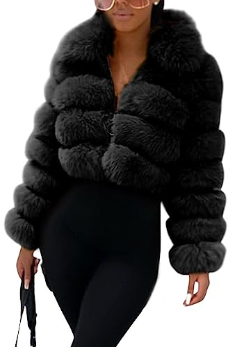 loveimgs Women Fluffy Faux Fur Coat Cropped Jacket Puffer Jacket Zip Up Winter Warm Fuzzy Teddy Jacket (X-Small,Black)