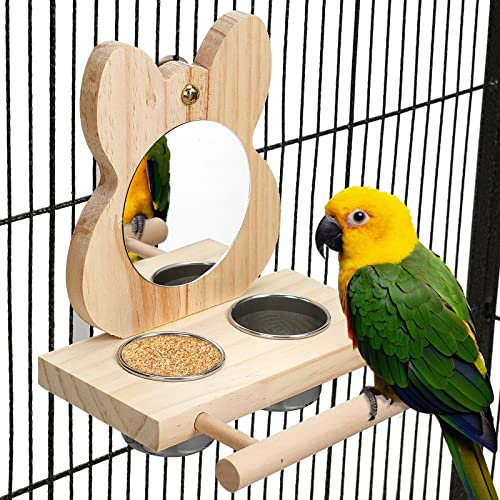 FrgKbTm Vogelstange mit Spiegel und Edelstahl-Futterbecher, Holz-Papageienspiegel-Spielzeug für Vogelkäfig, Vogelfutter, Wasserfutterstation, grauer Aras, Nymphensittiche