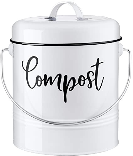 DAYYET Compost Bin Kitchen, 1.3 Gallon Farmhouse Kitchen Compost Bin Countertop, Indoor Countertop Compost Bucket with Lid and Charcoal Filters, White