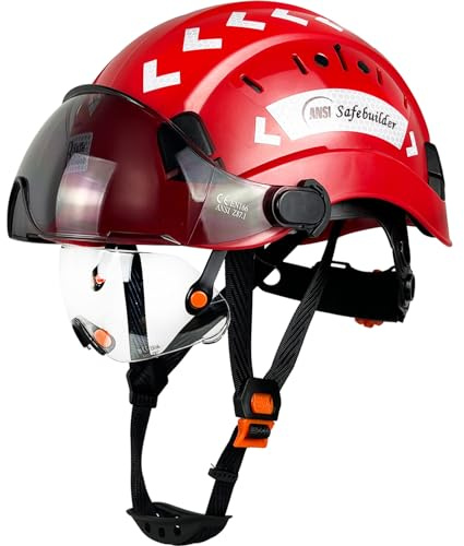 SAFEBUILDER Casco di sicurezza rigido con visiera, trasparente e colorato, regolabile, ventilato, in ABS, con sospensione a 6 punti, approvato ANSI Z89.1, per uso industriale (cappello rosso con