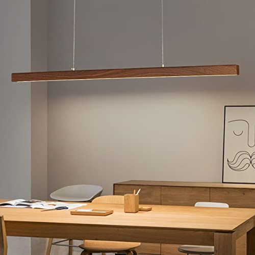 Bellastein LED Holz Pendelleuchte Moderne Dimmbare Linear Design Hängeleuchte mit Fernbedienung Esstisch Hängelampe Höhenverstellbar Esszimmer Büro Wohnzimmer Kronleuchter (Farbe Walnuss, L150cm)