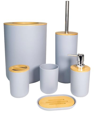 Intirilife Set d'accessoires de salle de bain en bambou et plastique gris - Set de 6 pièces Gobelet pour brosse à dents Porte-savon Distributeur de savon Brosse pour toilettes avec support et poubelle