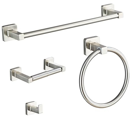 Brushed Nickel Bathroom Hardware Set 4 Pieces,Towel Bar Set Stainless Steel Wall Mounted, Includes 16In Hand Towel Bar, Towel Ring, Robe Towel Hooks,Toilet Paper Holder, Bathroom Towel Rack Set…