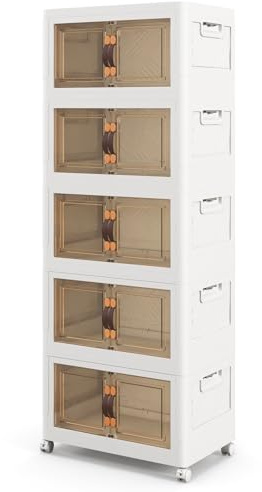 COSTWAY Folding Shoe Storage Cabinet, 3/4/5 Tier Stackable Storage Box with Lockable Wheels, Lids & Doors, Freestanding Storage Bin for Living Room Bedroom (59 x 37 x 168cm, 5 Tiers)
