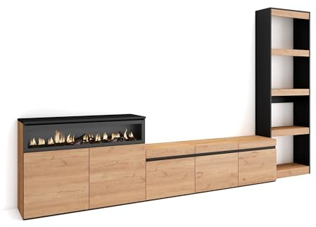 Skraut Home | Mobile Soggiorno TV | Parete Attrezzata Soggiorno | 310x186x35cm | Per TV fino a 65 | Camino elettrico | Stile moderno | Rovere e nero
