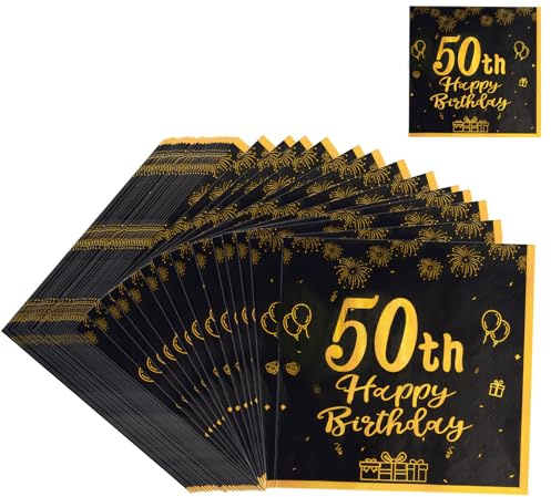 40 Stück 50 Geburtstagsdeko Servietten Mann,Happy Birthday Servietten | Schwarz Gold 33cm x 33cm Papierservietten für 50. Geburtstag Mann Frau Junge,Tischdeko zum 50. Geburtstag