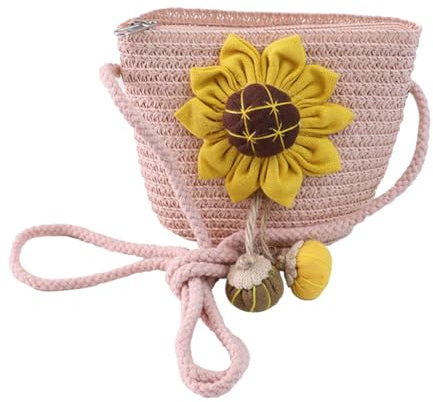 JAHEMU Mädchentaschen Blumen Stroh Tasche mit Reißverschluss Sonnenblumen Strohtasche Crossbody bag Stroh Umhängetasche für den Urlaub Reise Outdoor Aktivitäten
