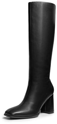 DREAM PAIRS Women's Knee High Square Toe Heel Boots,Black-Pu,7.5