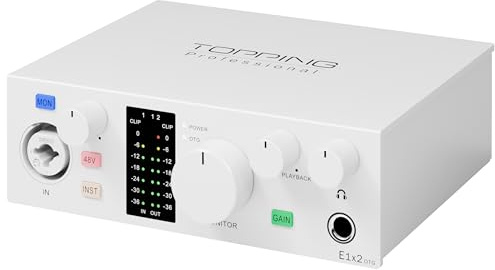 TOPPING E1X2 OTG USB Audio Interface | XLR Mic Preamp, 48V Phantom Power, 24bit/192kHz, 8 DAW/6 Loopback Channels, PC & Mobile Recording, Dual Livestream, Zero-Latency Mixer, High-Res Playback (White)