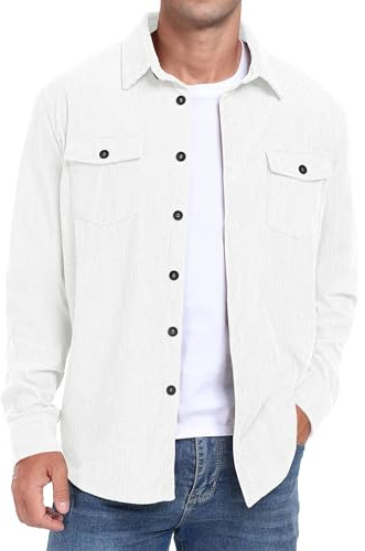 QIXING - Camicia da uomo in corduroy, button down, a maniche lunghe, shacket, giacca trucker, autunno inverno, con tasche a patta, bianco, M