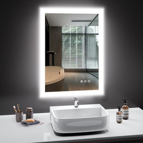 PESENXAN Badspiegel mit Beleuchtung, 50x70cm Badezimmerspiegel mit Beschlagfrei, 3 Lichtfarben, Dimmbar, Speicherfunktion, IP44 LED-Spiegel-Bad, Horizontal/Vertikal