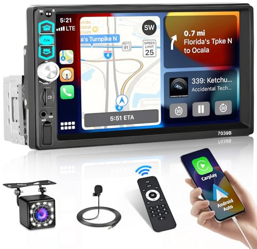 Ohradio Autoradio 1 DIN avec écran 7 Pouces - CarPlay Android Auto Autoradio Bluetooth 1 DIN avec FM Radio Lien Miroir USB/AUX/TF+ Caméra de Recul Télécommande Mic