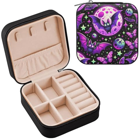 MNSRUU Small Jewelry Box Neon Purple and Bats Stars and Moons Mini Travel Jewelry Case Portable Jewelry Accessories Box Small Jewelry Boxes for Women Girls Travel Jewelry Storage and Organizer