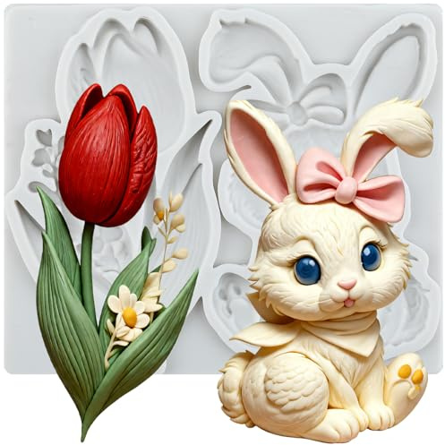 MINFEIDMS Easter Bunny Fondant Moulds Rabbit Tulip Flower Silicone Mould | Cake Decoration Cupcake Topper Chocolate Candy Sugar Craft Gum Paste Polymer Clay
