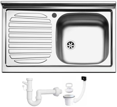Lavello Appoggio Cucina no incasso 80X50 FHULLER serie ITALIA IT801LVE 1 Vasca Destra con Gocciolatoio Sinistra, Acciaio Inossidabile AISI 304 18/10, con Pilette, Sifone, Foro Rubinetto Ø 3,5 cm