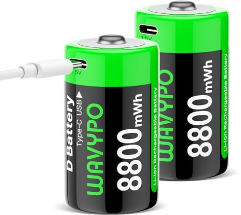 WAVYPO 8800mAh Rechargeable D Lithium Batteries with Included USB-C Charging Cable, Rechargeable D Batteries for Toy Floodlights and More (2-Pack)
