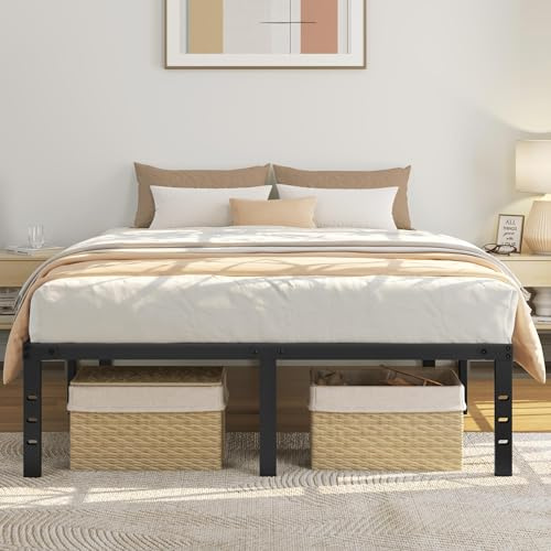 Yaheetech 140 x 200cm Altura de 36 cm Marco de Cama Metálica con Soporte de Listones de Acero de Alta Resistencia Base de Colchón Antideslizante Espacio de Almacenamiento Debajo de la Cama Negro