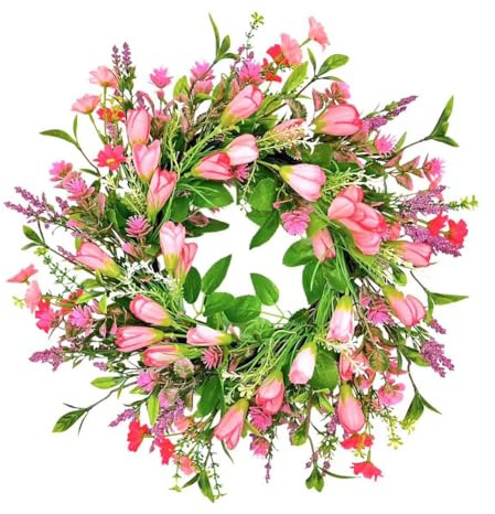 JOYWU Spring Summer Tulips Wreath for Front Door,45cm Tulips Floral Wreath with Daisies,Lavender And Eucalyptus Leaves,Green Pink Artificial Tulip Floral Door Wreaths,Spring Hanging Decoration