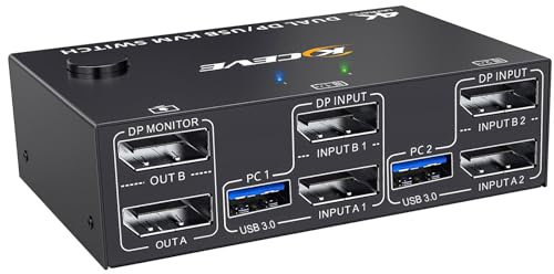 KCEVE KVM Switch 2 Monitors 2 Computers 4K@144Hz, Displayport KVM Switch Dual Monitor for 2 Computers, 2 Monitors and 4 USB 3.0 Devices, with Wired Remote Control