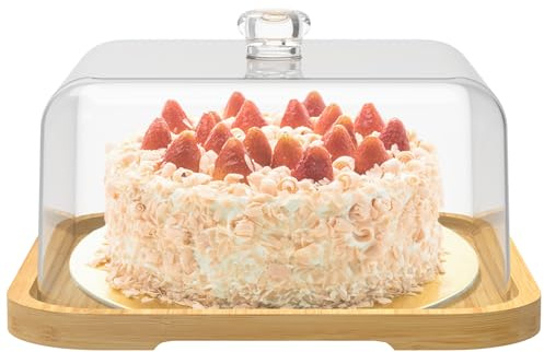 Cake Stand with Lid,12in Wooden Cake Holder,Square Dessert Table Display Plate with Acrylic Cover,Multi Purpose Charcuterie Board for Cheese,Chips & Dips, Nachos, Fruit Platter(Transparent cover set)