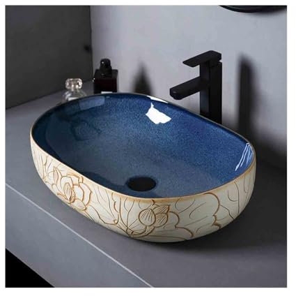 Lavabo da Appoggio Grande lavabo da appoggio for bagno, interno, balcone, in ceramica blu con motivo floreale Lavabo Bagno