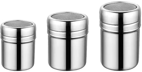 Hobngmuc Flour Sugar Salt Shaker, 3 Pieces Stainless Steel Chocolate Powder Shaker, Fine Mesh Flour Duster for Baking Cooking, Salt, Cocoa, Spices (Three Sizes)