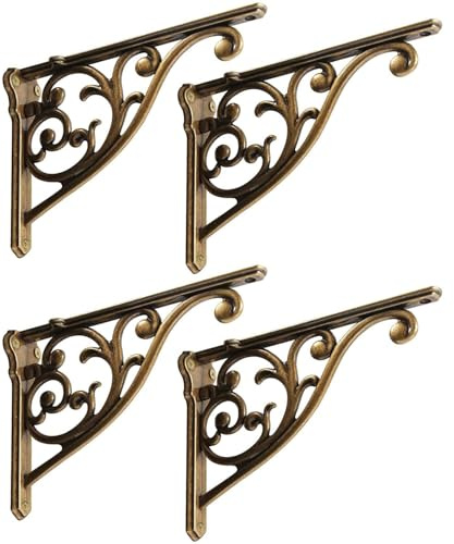 Shelf Brackets 4 Inch 4 Pack Heavy Duty Antique Brass Wall Bracket Victorian Kitchen Decorative Rack Shelves, Shelf Bracket Available in 8 finishes. (4, Antique Brass)