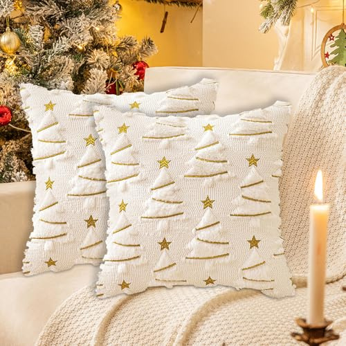 Weihnachten Kissenbezug 45x45, 2er Set Kissenbezüge Weihnachtsbaum, Sofakissen Weihnachtsdeko, Plüsch Kissenhülle Weihnachten Bäum, Zierkissenbezug für Auto Sofa Schlafzimmer Wohnzimmer (Weiß a)