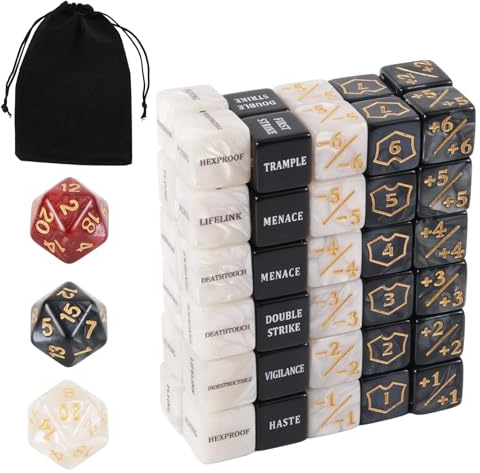 Fukaisu 63stk MTG Counter Dice Set, Fähigkeiten-Schlüsselwörter -1/+1 Life Counter Dice Commander Buff Tokens & Shield für MTG TCG & Kartenspiele Zubehör