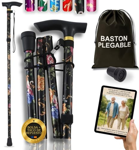 Super Pack Bastone Pieghevole + Borsa Trasporto + Tassello Antiscivolo Ricambio | Bastoni per anziani regolabili in altezza | Alluminio Ultraleggero | Evita cadute e passeggiate con sicurezza (fiori