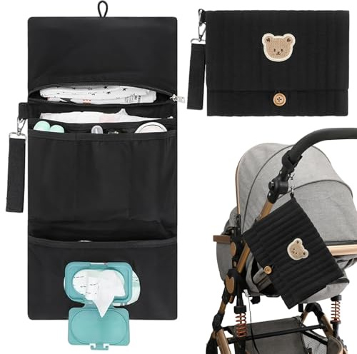 Wickeltaschen-Organizer, faltbar, tragbar, zum Aufhängen, Kinderwagen-Organizer, Tasche mit mehreren Fächern und Feuchttüchern, Wickeltasche, 48, 3 x 24, 1 cm, aufgeklappte Beutel, Beutel, D
