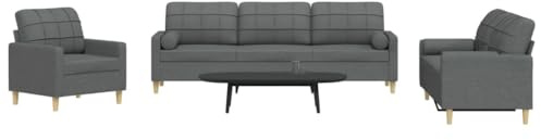 Runheo 3-TLG. Sofagarnitur mit Dekokissen, Dunkelgrau Stoff, Metallrahmen, Weich Gepolstert, Modernes Design für Wohnzimmer, 1 Sessel, 1 Zweisitzer, 1 Dreisitzer