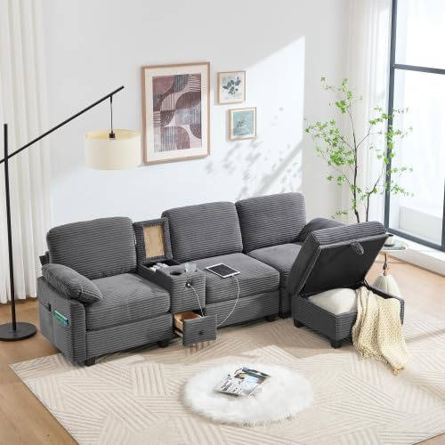 vutizal 3-Sitzer Cord Couch mit Abnehmbarer Mittelkonsole & USB-C – Funktionssofa mit Beweglichem Ottoman (Stauraum) in Zeitgenössischem Design, Dunkelgrau