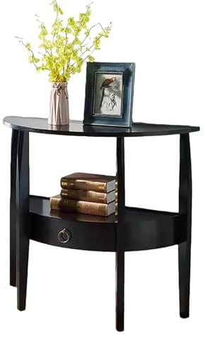 MTSYXYM Consolle a Mezzaluna in Legno,Consolle a Mezzaluna con cassetto,Gambe alte, raffinate maniglie in bronzo antico con texture trasparente,per lato divano,ufficio.(Black,88 * 39 * 81cm)