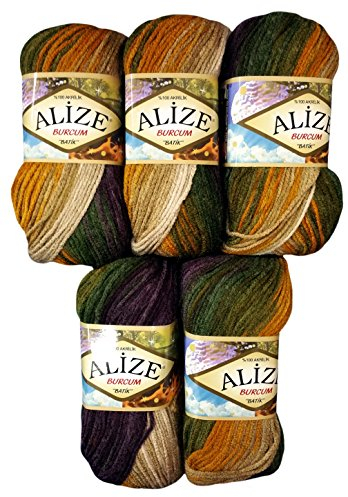 Alize Burcum Batik 5 x 100 Gramm Wolle Mehrfarbig mit Farbverlauf, 500 Gramm Strickwolle (Ocker Oliv beige 5850)